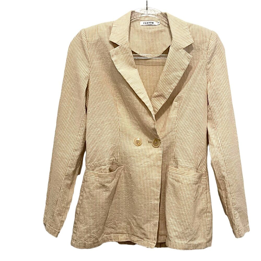Farrow Blazer Suit Jacket Coastal Grandmother Womens Tan White Beachy Chic SZ S